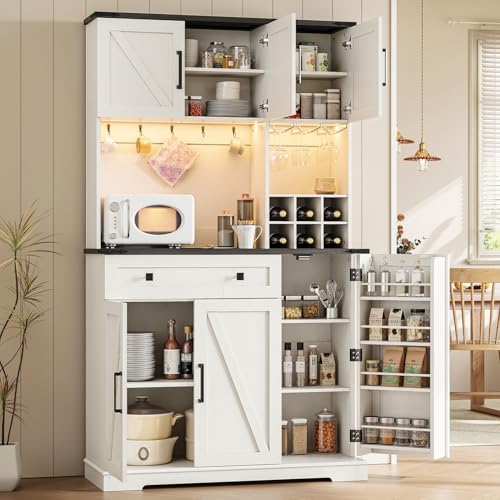 Image of Concho 71" Pantry Cabinet, Kitchen Pantry Storage Cabinet with Outlet & LED Light, Farmhouse Kitchen Hutch with Microwave Stand, Adjustable Shelves and Wine Rack, Food Pantry Cabinet for Dining Room