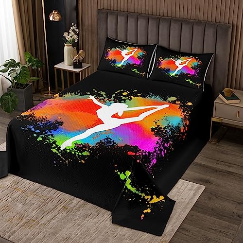 Ballet Quilt Set for Girls Women,Ballerina Ballet Dancer Coverlet Set,Colorful Graffiti Tie Dye Bedspread Set Queen,Gymnastics Sport Quilted Gifts for Ballet Lovers Teal Orange Pink Red Green