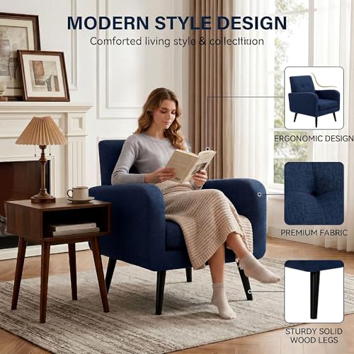 Sillón moderno tela azul con patas de madera miniatura 3