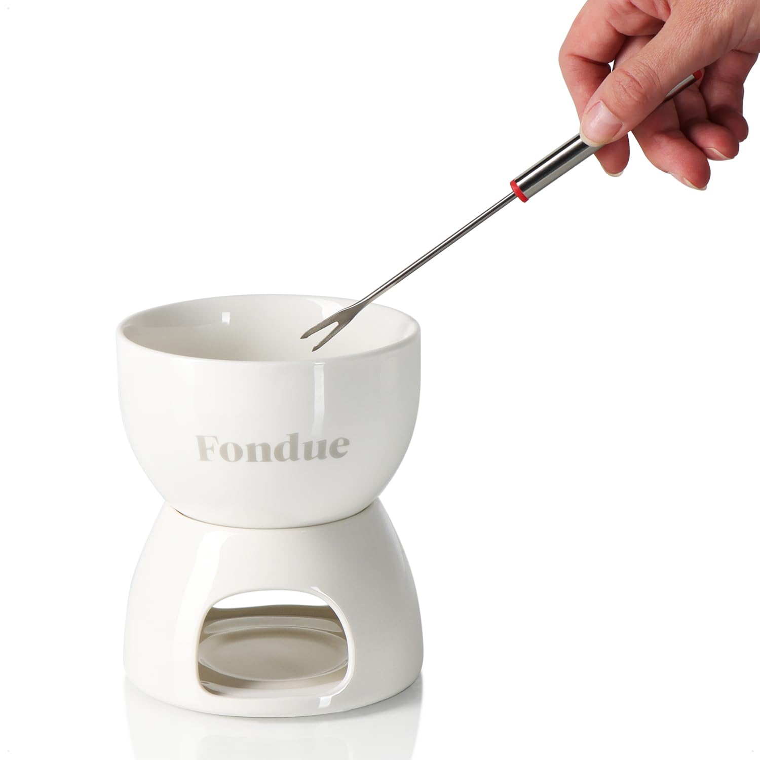 COM-FOUR® Set per fonduta di cioccolato - ciotola in ceramica con portacandela e 4 forchette - crogiolo per cioccolato e formaggio - bianco