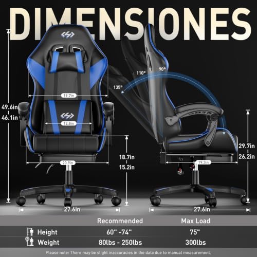 Image of HLDIRECT Gaming Chair with Footrest, Lumbar Support & Headrest, Black&Blue | Ergonomic, 90-135 recline, adjustable height & 360 swivel, PU leather and 45D foam, for adult gaming, work & relaxing