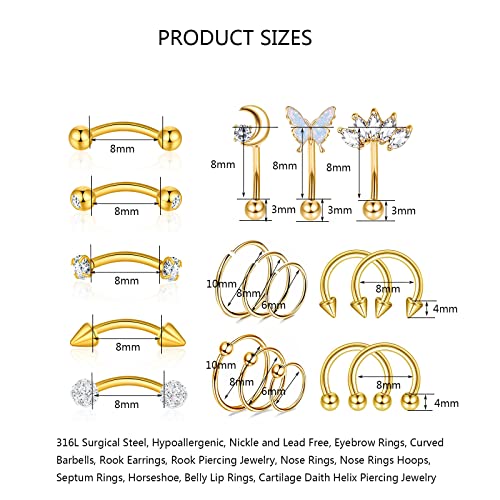Yachy 18Pcs 16G Eyebrow Piercing Jewelry For Women Men, Eyebrow Rings Rook Earrings Rook Piercing Jewelry Belly Lip Ring Curved Barbells Eyebrow Piercing Cartilage Daith Helix Tragus Body Piercings (H-Gold-8Mm) #TOP1