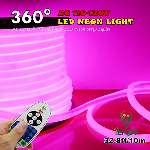 IEKOV [Upgrade] 360° LED NEON Light, AC 110-120V Flexible 360 Degree LED Neon Strip Lights, Dimmable & Waterproof NEON LED Rope Light + Remote Controller for Decoration (32.8ft/10m, Pink)