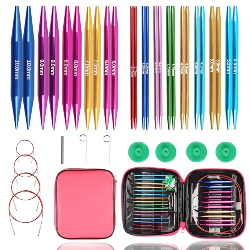 13 Paires 2.75-10,0mm, Kit Tricot Debutant, Aiguilles Circulaires Tricot Interchangeable, Aiguille à Tricoter en Aluminium, Étui Cuir PU, Ensemble...