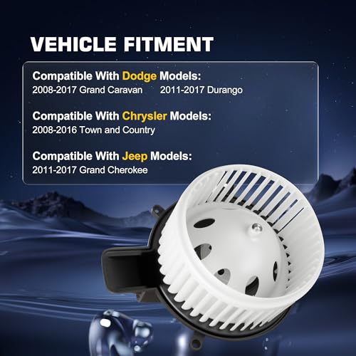 Image of 68029719AB HVAC Heater Blower Motor Compatible with Jeep, for Dodge, for Chrysler Vehicles: Grand Cherokee, Durango 2011-2021, Grand Caravan 2008-2020, Town & Country 2008-2016, Front Side