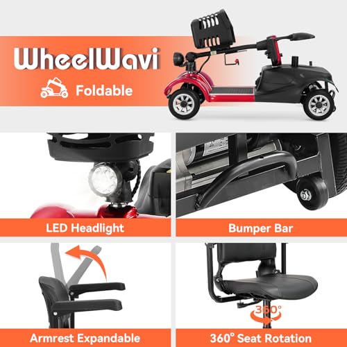 WheelWavi 4-Wheel Foldable Mobility Scooter for Adults & Seniors - Heavy-Duty Compact Travel Scooter with Long-Lasting Battery, LED Lights, Basket & Portable Design (Red)