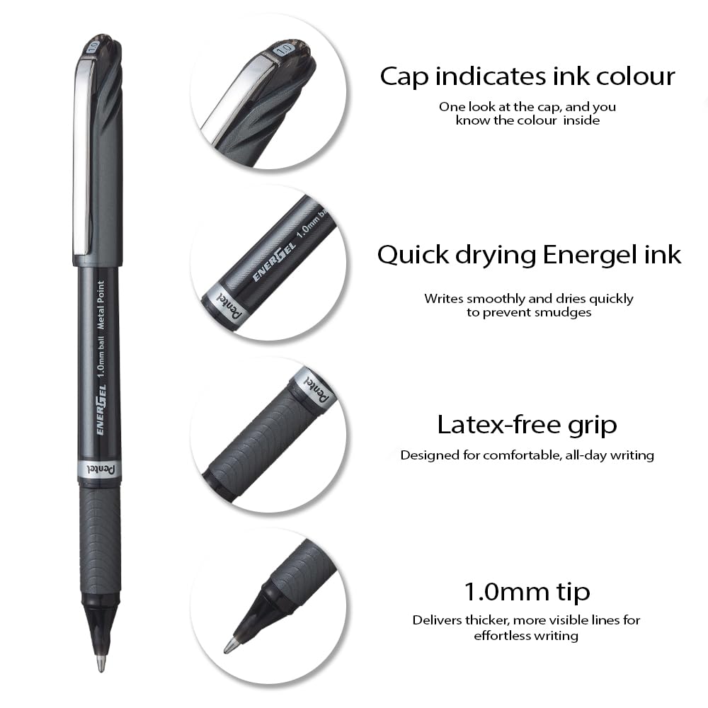 Pentel Energel Plus, Penna gel inchiostro, 1.0 mm, Nero, Pacco da 12, 12 Pezzi