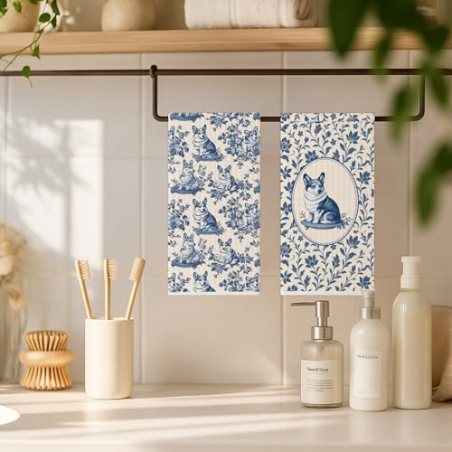 Image of Blue Chinoiserie Welsh Corgi Kitchen Towels, Corgi Lover Gifts Dish Tea Towels for Kitchen, Vintage French Toile Dog Decorative Hand Towel for Bathroom, Dog Lover Gifts, 16x24 Inch Set of 2