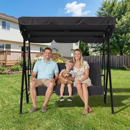 Image of AECOJOY Porch Swing with Stand, Outdoor Swings for Adults, 3-Seat Outdoor Swing with Canopy, Outside Swing Bench with Removable Cushion, Suitable for Backyard, Garden, Yard, Poolside, Balcony (Black)