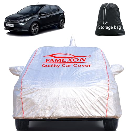 Image of Full Body Car Cover for Tata Altroz with Mirror and Antena Pocket Triple Stiched(Silver with Red Piping)