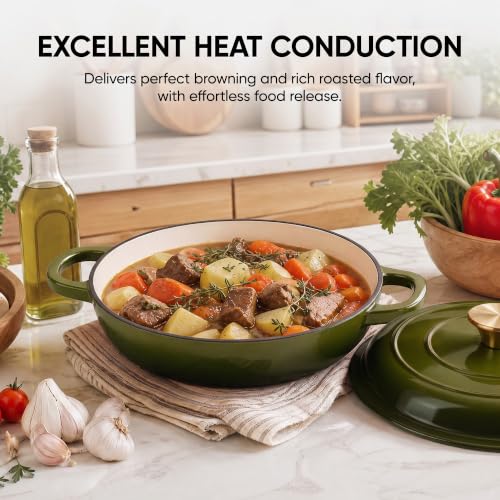 Image of Dutch Oven Enameled Cast Iron with Lid - Big Dual Handles - Oven Safe up to 500F - Classic Round Pot for Versatile Cooking (Golden Green, 7 QT)
