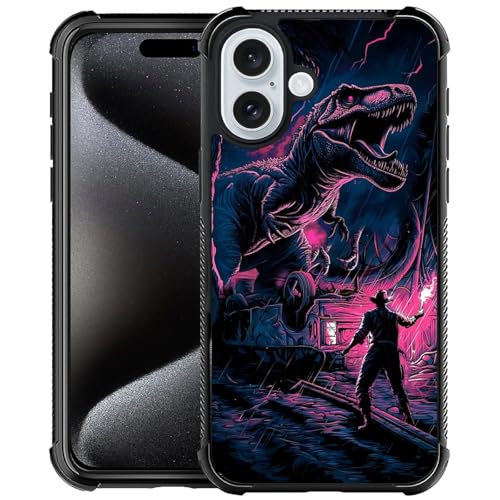 Coque iPhone 16 antichoc et anti-rayures à motif graphique homme et dinosaure