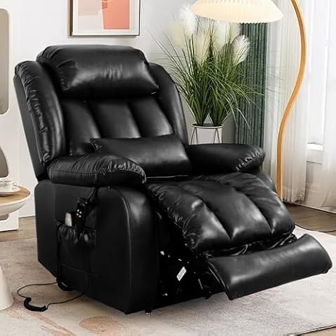 EDILLY Large Lift Recliner Chairs, Genuine Leather Dual Motor Chair, Recliner with Heating and Massage for Seniors, with Double Lumbar Cushion and Extended Footrest, USB Port(Black) Cover