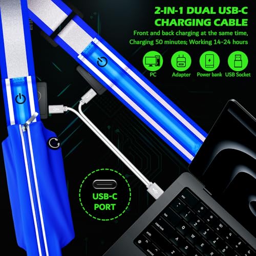 Leuchtband Joggen mit Reflektor Gürtel,LED Reflektorband USB Typ C Aufladbar Lauflicht mit Reflektoren Licht für Jogger Laufen Fahrrad Hundewandern Outdoor Sports für Männer, Frauen und Kinder (Blau)