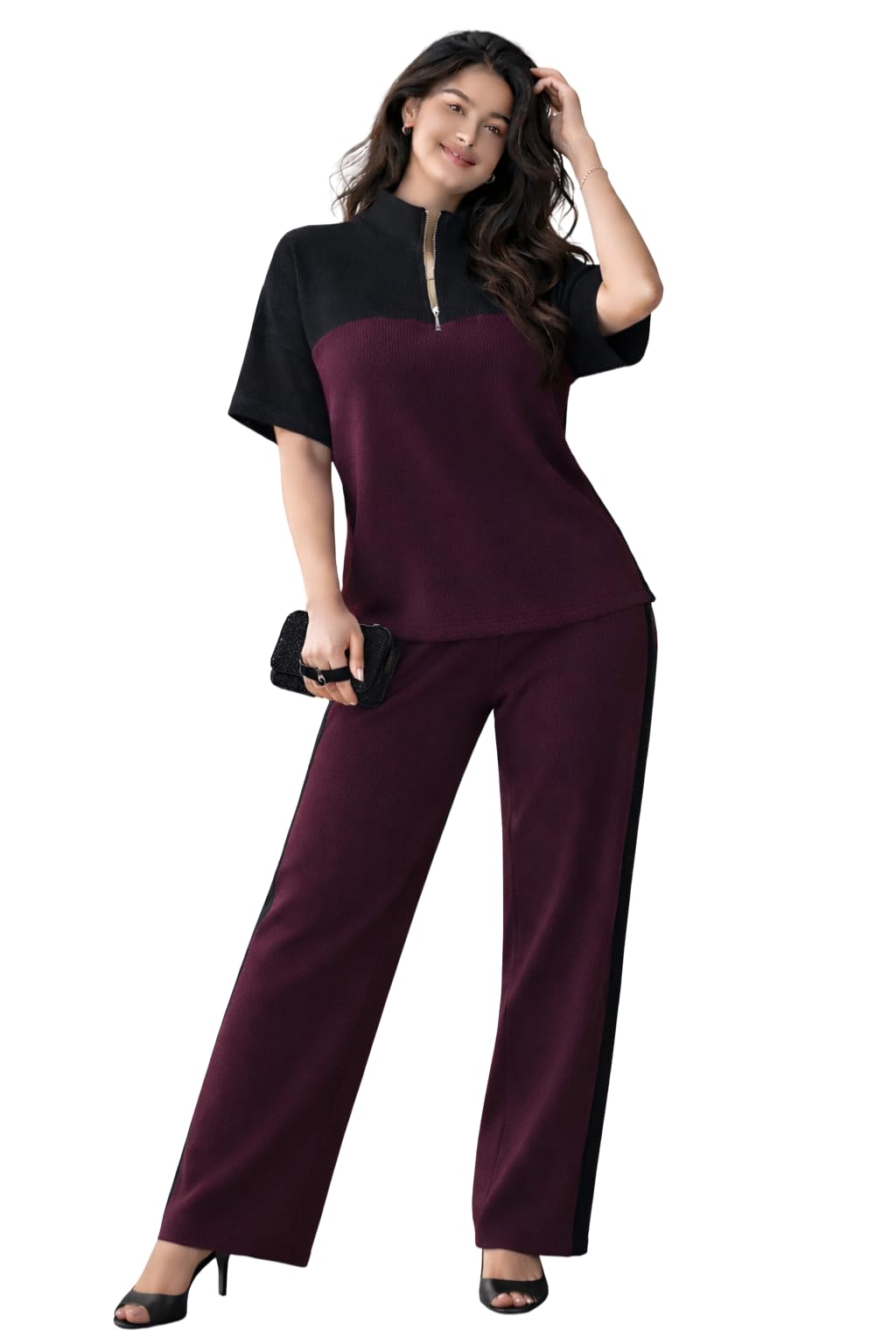 Women's Ribbed Lounge Wear Co-Ord Set, Half Sleeve Zip Neck Top & Wide Leg Pajama Set, Soft Comfortable Night Suit, Casual Sleepwear Loungewear for Women-picture-41