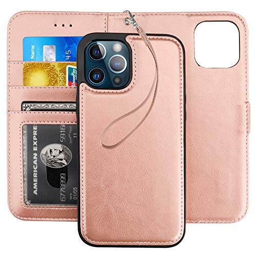 Funow Schutzhülle für iPhone 12 6,7 Zoll (6,7 cm), 2-in-1 Flip-Case Magnetisch Abnehmbare Flip Cover mit Kartenfächer Rosegold Cover