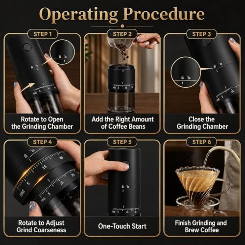 Image of Ash & Roh Electric Coffee Grinder with 38 Adjustable Grind Settings, Rechargeable Ceramic Burr Coffee Bean Grinder for Espresso, French Press, Travel & Home Use (Black)