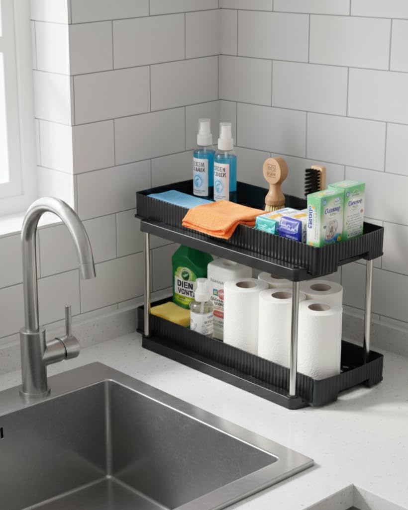 U-Max Under Sink Pull Out Organizer, Sliding Cabinet Storage Organizer with Handle, Countertop Kitchen Rack for Dishes, Utensils & Spices, Kitchen Sink Organizer Stand (Black, Double-Slide(Pack 1))