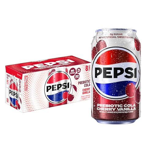 Pepsi Prebiotic Cola, Cherry Vanilla, 12 fl oz Cans (8 Pack), 30 Calories, 5g Prebiotic Fiber, 5g...