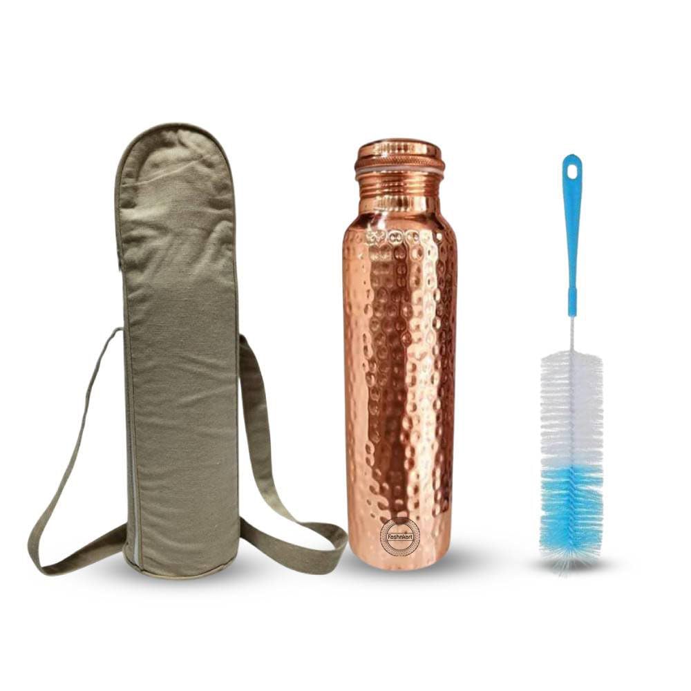 Fashnkart Copper Water Bottle Hammered Regular Pure Copper Bottle Yoga Water Bottle Ayurveda Health Benefits Leak Proof 1000 ML With Bag & Brush
