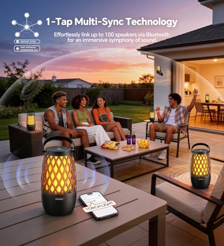 Image of Outdoor Speakers Gifts for Men Bluetooth Speaker with Lights Multi-Sync up to 100 Speakers Auto-Pairing HD Stereo Sound Cool Stuff House Warming Gifts IPX5 Waterproof Lantern for Camp|Patio|Pool|Yard