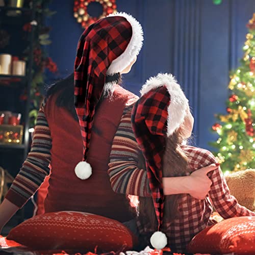 Algpty Long Santa Hat For Adult | Red Buffalo Plaid Christmas Santa Hats Unisex Thicken Velvet Long Xmax Holiday Hats For Party Supplies Fluffy Plush Santa Claus Hats For Women Men #TOP4