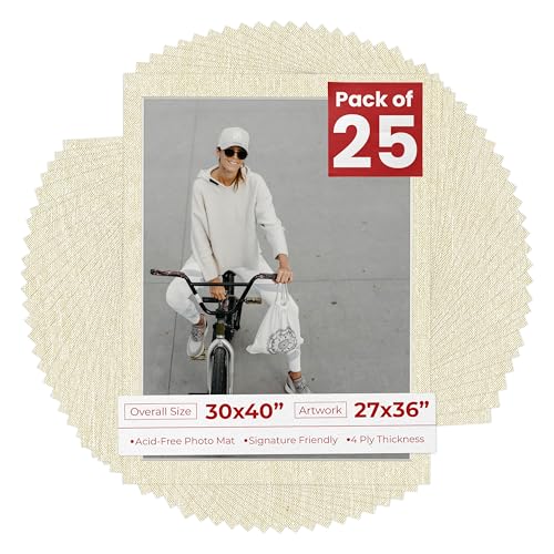 Poster Palooza Pack of 25 Acid Free 30x40 Mats Bevel Cut for 27x36 Photos - Fresh Linen Canvas Precut Matboards For Pictures, Photos, Framing - 4-ply Thickness