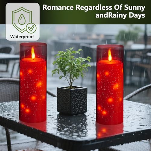 Image of kakoya 11 inch x 4 inch Large Outdoor Waterproof Flameless LED Candles with Remote and Timer,Acrylic Pillar Candles Battery Operated with Embedded Star String for Porch,Patio,Outdoor Decor,Set of 2(Red)