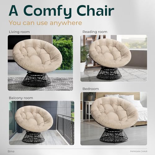 Image of Bme Ergonomic Wicker Papasan Chair with Soft Thick Density Fabric Cushion, High Capacity Steel Frame, 360 Degree Swivel for Living, Bedroom, Reading Room, Lounge, Sepia Sand - Black Base