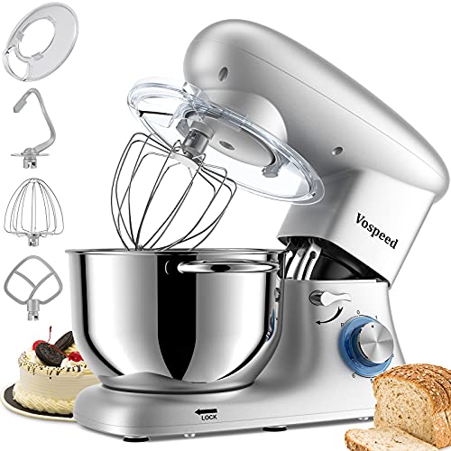 Stand Mixer, Vospeed 6QT Stainless Steel Dough Mixer 6-Speed Tilt-Head Food Mixer for Baking with Dough Hook, Wire Whip & Flat Beater, Splash Guard Kitchen Mixer for Home Cooking, Electric Mixer Silver