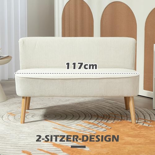 HOMCOM Sofa 2 Sitzer Couch, Kleine Loveseat mit Cord-Optik Modern Polstersofa für Wohnzimmer, Schlafzimmer, kleinen Raum, Cremeweiß 117 x 56,5 x 77 cm