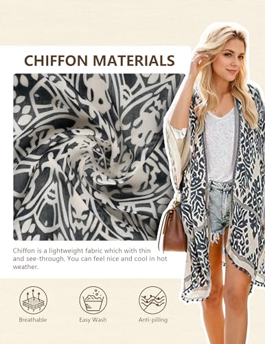 Women Beach Cover Up Kimono Cardigans Pom Pom, Boho Chiffon Sheer Lady Bikini Coverup, Swimsui Pompom Trim, Pool Cardigan Duster, Plus Size Beach Swim Wear, Bathting Suit Swimsuit Swimwear - Image 4