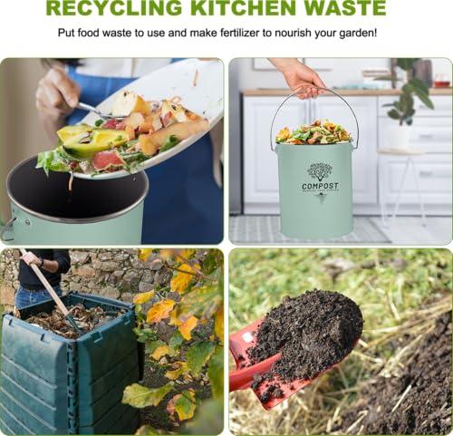 Image of Kitchen Countertop Compost Bin, Odor Resistant Indoor Compost Bin with Lid and Charcoal Filter, Rust Resistant Coated Compost Bucket, Compost Container, Mint