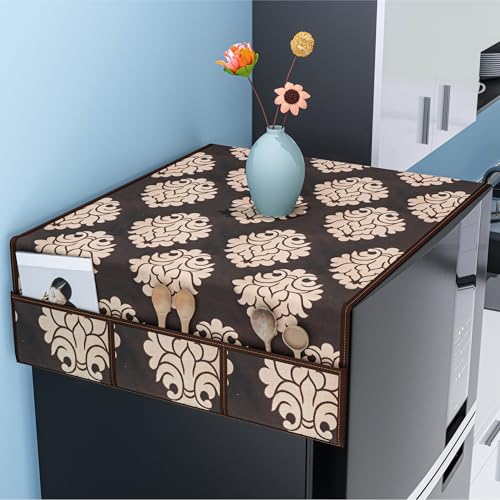 Image of Kuber Industries Cotton Fridge Top Cover | Washable & Anti-Dust Refrigerator Top Cover with 6 Utility Pockets for Kitchen | Floral Design - Brown