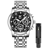 Zentavi Luxury Hollowed Diamond Men's Watches, High Grade Fashion Chronograph Wristwatch, Stainless Steel Calendar Luminous Waterproof Business Watch for Men (Silver Black)