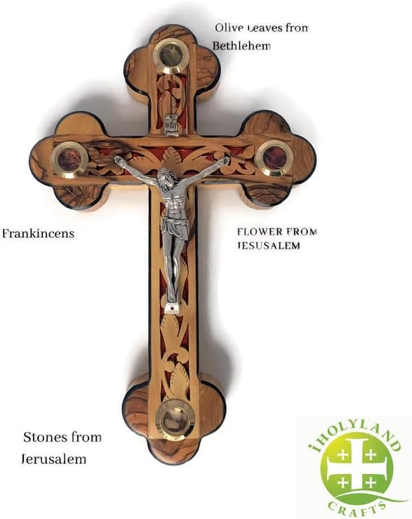 Miniatura 2 de Catholic Crucifix for Wall With Mother of Pearl, Olive Wood Cross Wall Decor, 9 Inch Wooden Crucifix with Relics from the Holy Land, Wedding