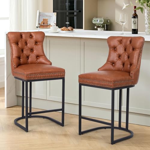 Image of UVV Counter Height Bar Stools Set of 2, 26 inch Modern Barstools with Back, Faux Leather Upholstery Counter Chairs with Metal Legs for Kitchen Island, Bar, Counter, Brown