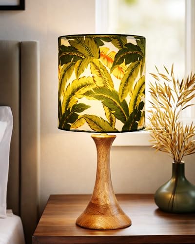 Image of Homesake Rustic Wood Table Lamp Bedside Wooden Desk Lamps for Living Bedroom Study Night, Kids Room, House Warming Festival Gift, Kids Room Decor Light, Green Leaf Shade