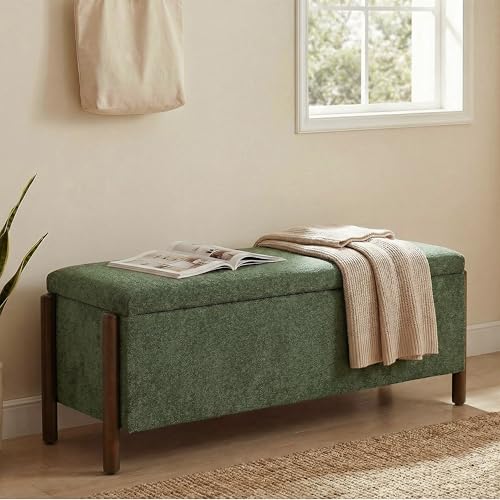 Usaint Wooden Storage Ottoman Bench 47 Fabric Upholstered End of Storage Bench with Rubberwood Legs Entryway Bench with Storage for Bedroom Living Room Reception Cloakroom Green