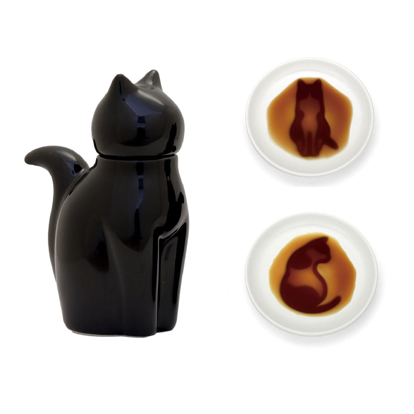 EDOYA Cat Soy Sauce Dispenser (L Size) & 2 Small Cat's Dishes (Black)