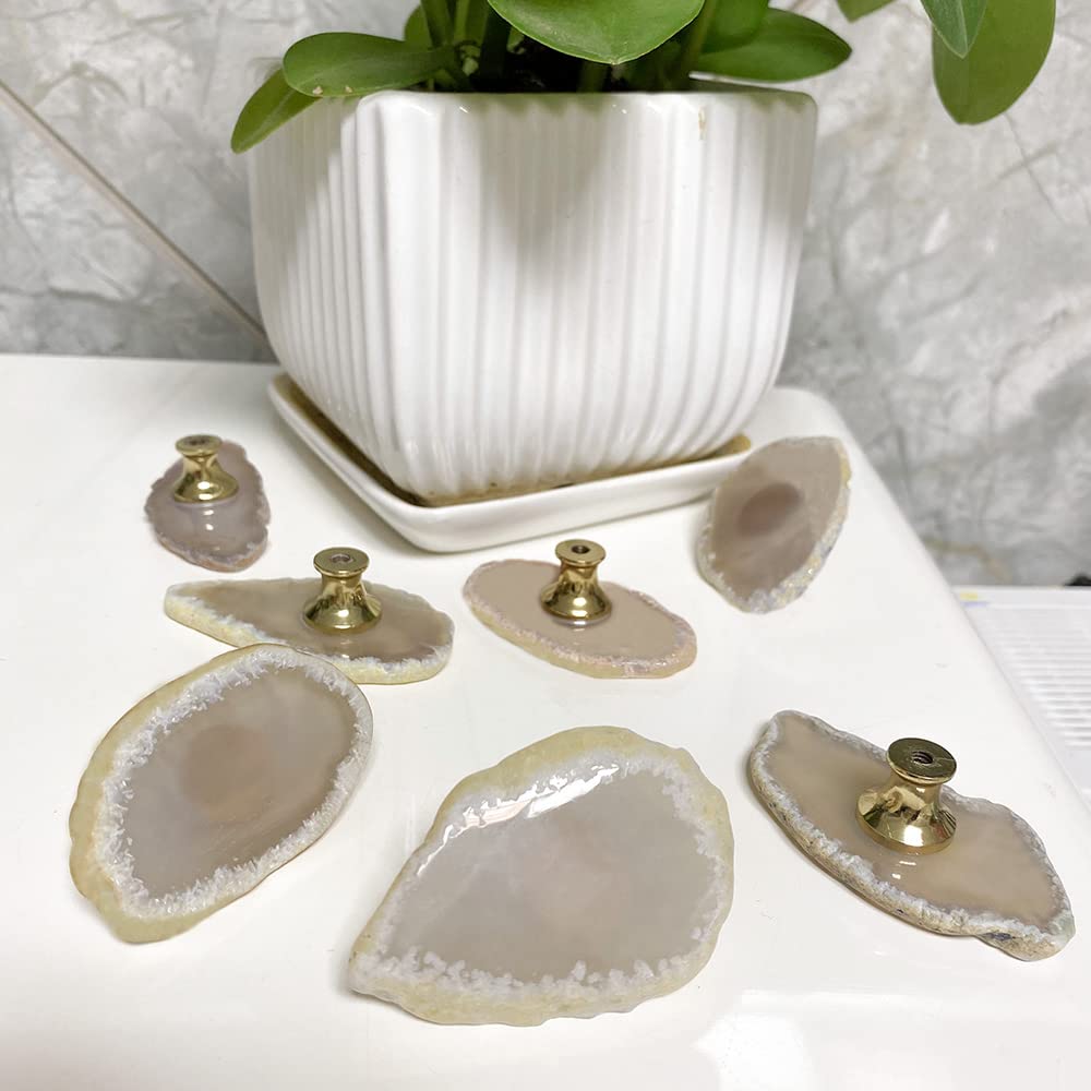 YOUYOUULU 4Pcs Milk White Agate Stone Knobs, Geode Slice Cabinet Cupboard Pulls, Drawer Handles, Gemstone Dresser Knobs for Drawer Wardrobe Furniture DIY with Screws (50-70mm, 30-40mm, 1.77" & 0.99")
