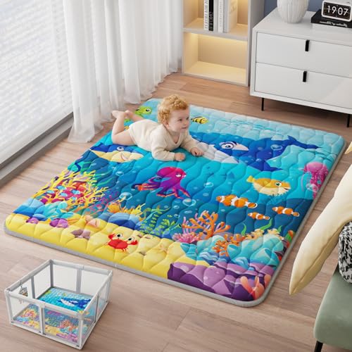 Baby Play Mat 71x59 Soft Thicker Playpen Mat Non-Slip Baby Play Mat for Floor Portable & Waterproof Machine Washable Crawling Play Mat for Babies Toddlers and Infants to Play and Learn Sea World