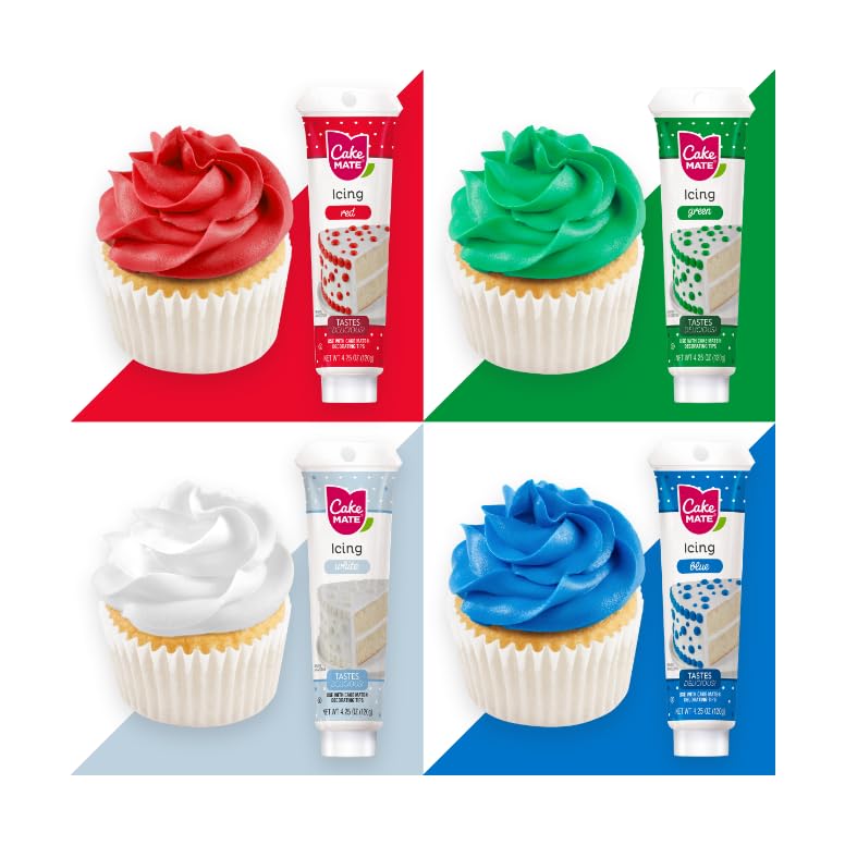 Cake Mate Holiday Decorating Icing Bundle - Blue, White, Green, and Red | Perfect for Cakes, Cookies, Cupcakes & Baked Goods | Christmas Colors for Decorating & Holiday Baking contains four 4.25oz Tubes