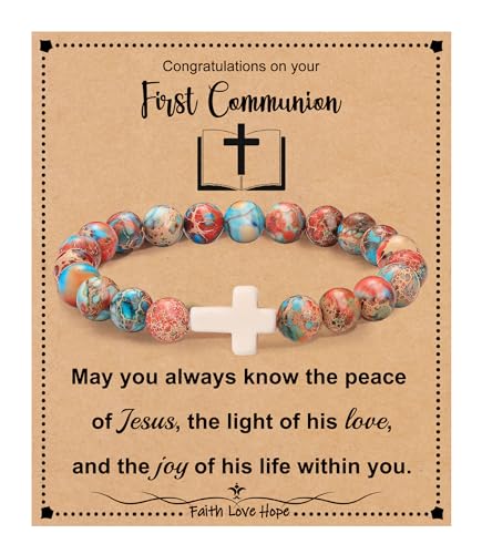 Image of Cross Bracelets for Women, Christian Gifts for Women Stocking Stuffers for Teens Cross Bracelet Imperial Nature Stone Bead Bracelet Confirmation Baptism Gift for Teen Girls Christmas Religious Gift Cathlic Faith Jewelry