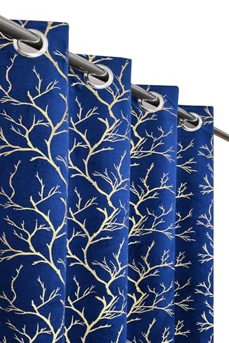 Galaxy Home Decor Premium Foil Leaf Print Velvet Fabric Curtains for Window 5 Feet, Pack of 3, Navy Blue