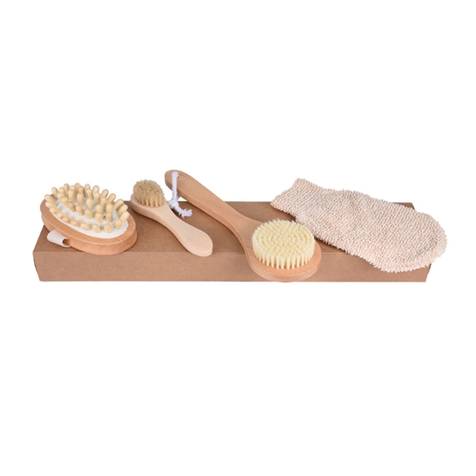 Juego de 4 Piezas para Ducha de Madera Natural y Fibra Vegetal, Dispositivo de Masaje en el hogar, cerdas de jabalí, Cepillo Facial de Limpieza, Exfoliante Corporal, Cepillo de baño (Color: