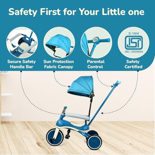 Image of R for Rabbit Tiny Toes Karizma Tricycle for Kids with Light & Music, Parental Control, EVA Wheels, Foldable Footrest, Comfy Seat with Backrest, Baby Trike Cycle for 2-5 Years, Up to 25kg (Blue Grey)