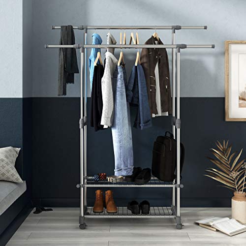 stardis Kleiderständer auf Rollen mit Ablagen ausziehbar höhenverstellbar Doppelte Edelstahl Kleiderstange grau stabil belastbar Garderobenständer Kleiderwagen B 90–153 x T 42 x H 95–170 cm