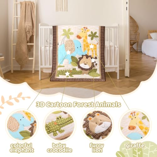 Image of Safari Crib Bedding Set, Mini Crib Bedding Set Boy 3-Piece Mini Crib Comforter Set, Nursery Bedding Sets for Boys Include Crib Comforter, Skirt and Sheet, Brown
