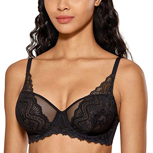 DOBREVA Women's Lace Bralette See Through Sexy Minimizer Bra Plus Size Sheer Underwire Black 42C - Image 3